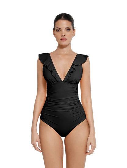 Maiô Shapewear com babados e decote em V