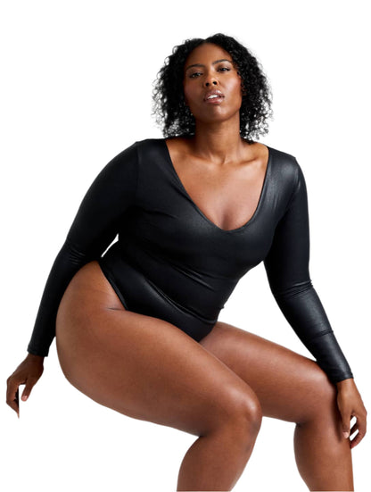 Body manga longa com efeito couro