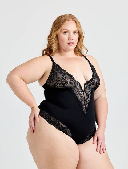 Body com decote em V e meia renda