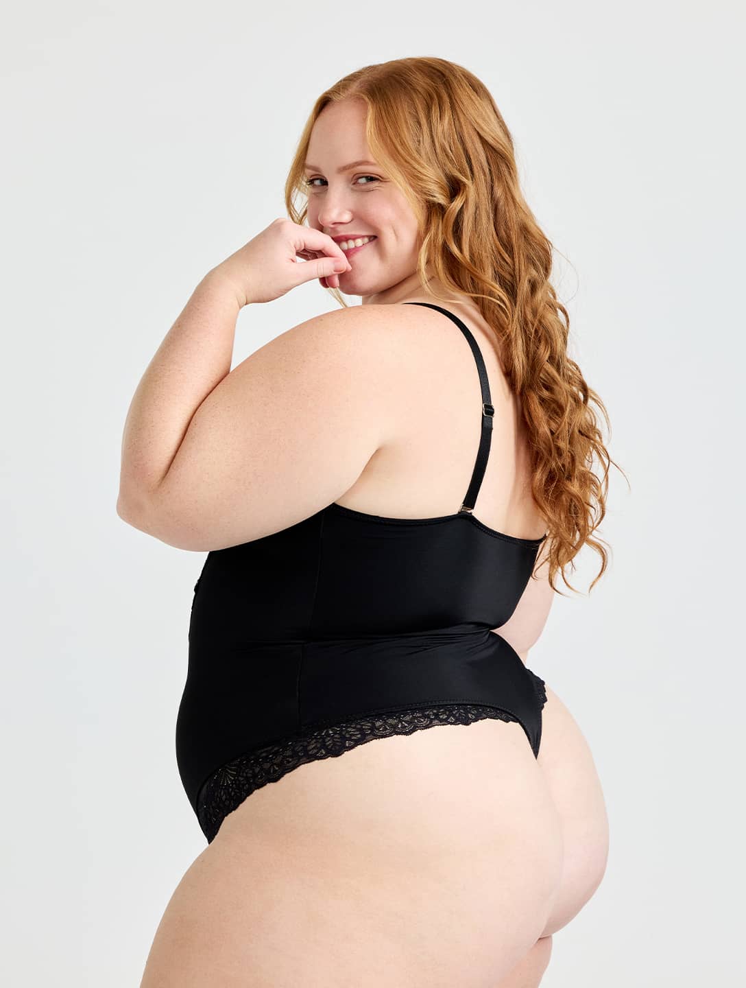 Body com decote em V e meia renda