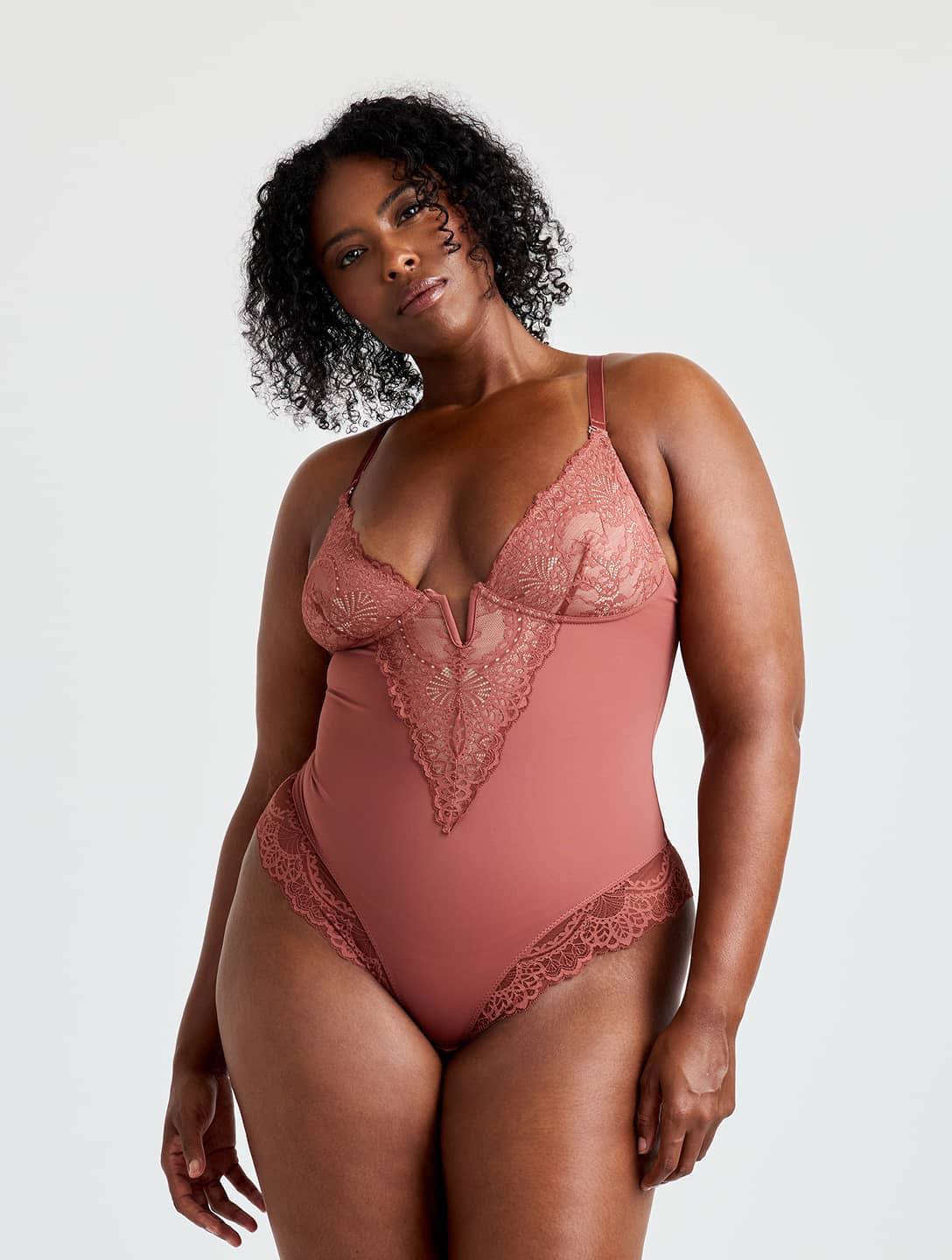 Body com decote em V e meia renda