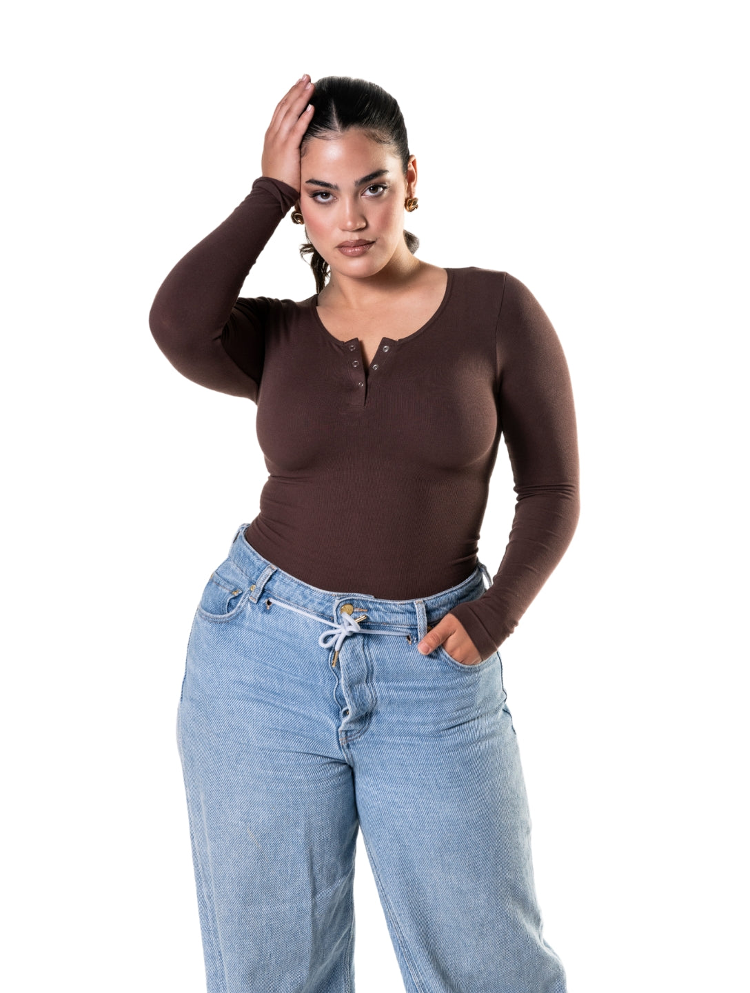 Body sem costura de manga comprida com tanga