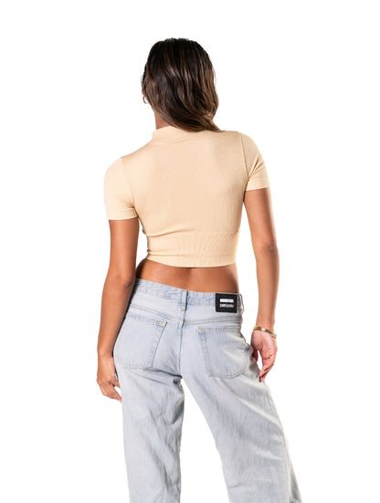 Top curto sem costura com zíper frontal e manga curta