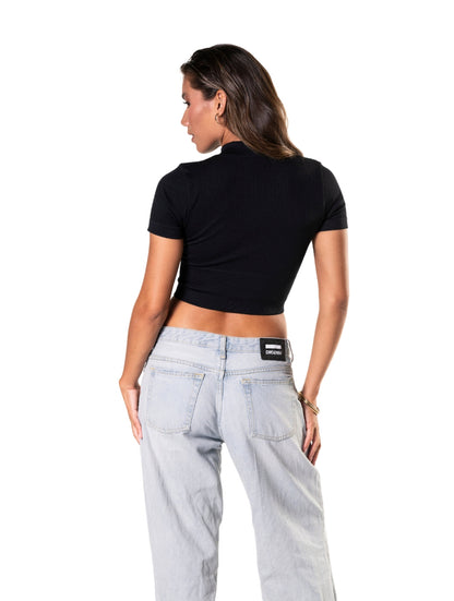 Top curto sem costura com zíper frontal e manga curta